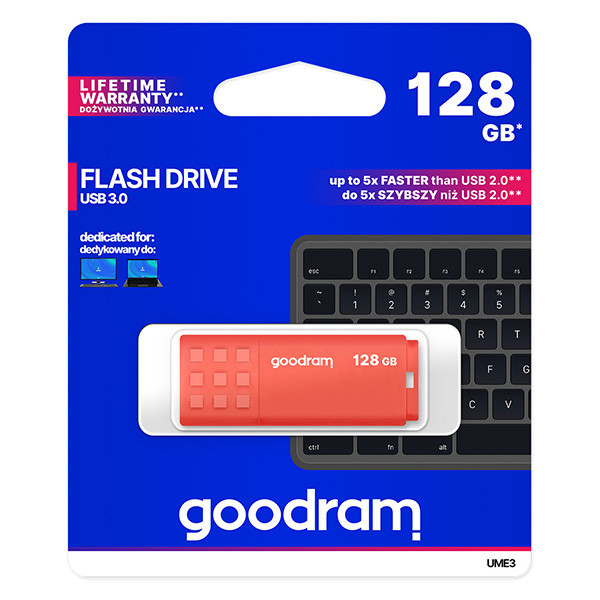 Goodram USB flash disk, USB 3.0, 128GB, UME3, oranžový, UME3-1280O0R11, USB A, s krytkou