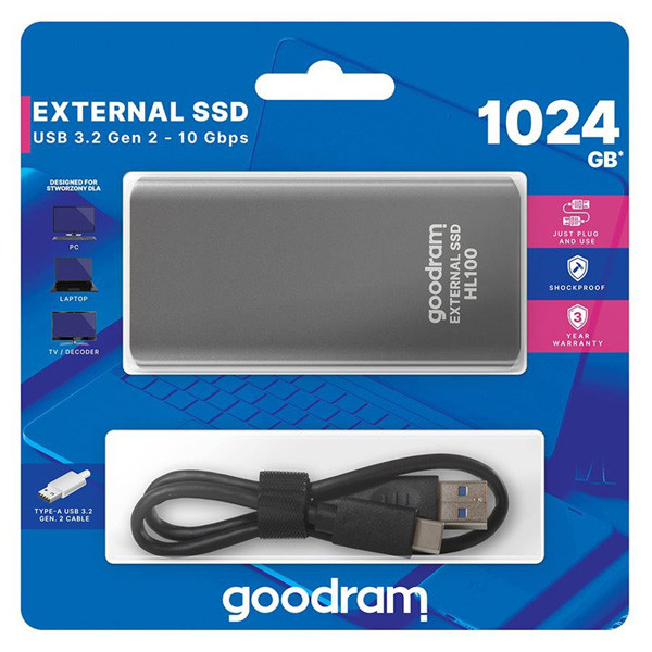 SSD Externí Goodram HL100, SSDPR-HL100-01T, 1000GB, šedý, 2.5", USB-C