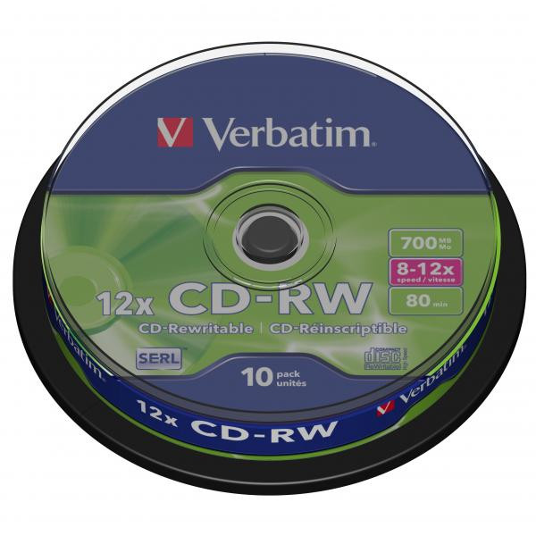 Verbatim CD-RW, 43480, SERL Scratch Resistant, 10-pack, 700MB, 12x, 80min., 12cm, bez možnosti potisku, cake box, pro archivaci da