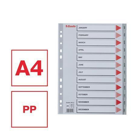 Rejstříky, šedá, A4, plast, Jan-Dec, ESSELTE