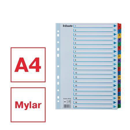 Zesílené rejstříky "Mylar", mix barev, karton, A4, 1-20, ESSELTE