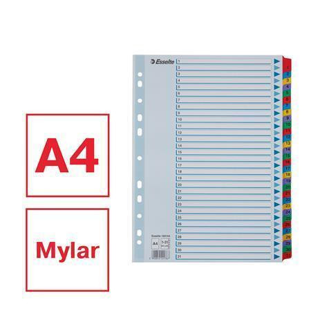 Zesílené rejstříky "Mylar", mix barev, karton, A4, 1-31, ESSELTE