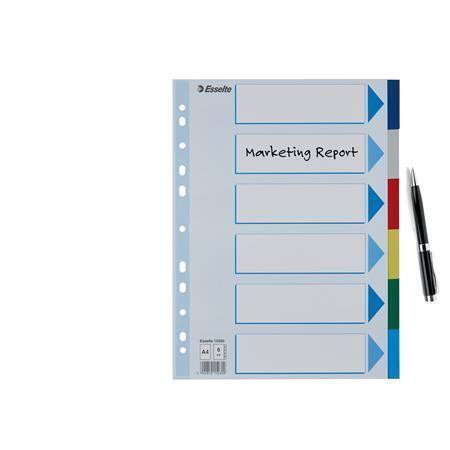 Barevné rozlišovače, mix barev, A4, plast, 6 dílů, ESSELTE