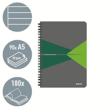 Blok "Office", šedo-zelená, drátěná kroužková vazba, A5, linkovaný, 90 listů, laminované desky, LEIT