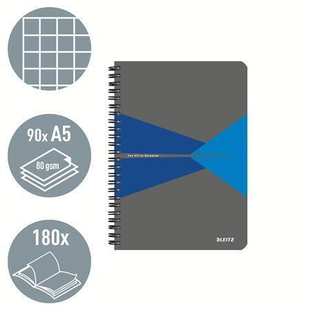 Blok "Office", šedo-modrý, drátěná kroužková vazba, A5, čtverečkovaný, 90 listů, plastový povrch, LE