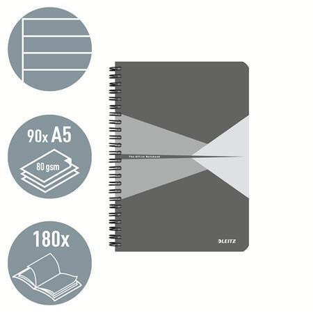 Blok "Office", šedá, drátěná kroužková vazba, A5, linkovaný, 90 listů, plastový povrch, LEITZ