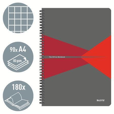 Blok "Office", šedo-červená, drátěná kroužková vazba, A4, čtverečkovaný, 90 listů, laminovaný povrch