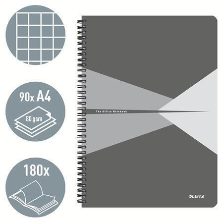 Blok "Office", šedá, drátěná kroužková vazba, A4, čtverečkovaný, 90 listů, laminovaný povrch, LEITZ