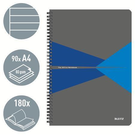 Blok "Office", šedo-modrá, drátěná kroužková vazba, A4, linkovaný, 90 listů, laminovaný povrch, LEIT