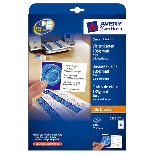Avery Zweckform vizitky, s hladkým okrajem, 10ks/A4 typ matné, bílé, A4, 185 g/m2, 85x54mm, 10 listů, pro inkoustové a laserové ti