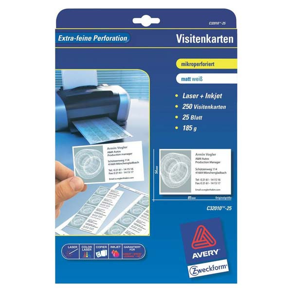 Avery Zweckform vizitky, s hladkým okrajem, 10ks/A4 typ matné, bílé, A4, 185 g/m2, 85x54mm, 25 listů, pro inkoustové a laserové ti