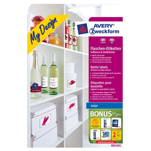 Avery Zweckform samolepicí etikety, na láhve, A4, 90x120mm, 5 listů, pro inkoustové tiskárny, O