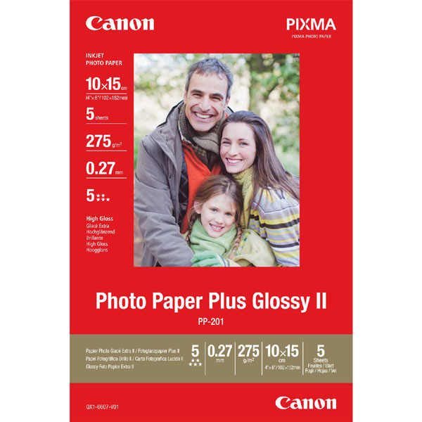 Canon Glossy Photo Paper, PP-201, foto papír, lesklý, 2311B053, bílý, 10x15cm, 4x6", 275 g/m2, 5 ks, nespecifikováno