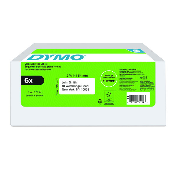 Dymo papírové štítky 54mm x 25mm, bílé, pro zpáteční adresu, 6 x 500 ks, 2177564