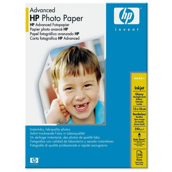 HP Advanced Glossy Photo Paper, Q8696A, foto papír, bez okrajů typ lesklý, zdokonalený typ bílý, 13x18cm, 5x7", 250 g/m2, 25 ks, i