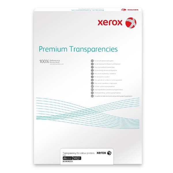 Xerox, fólie, transparentní, A4, 100 mic. 50ks, pro barevné kopírování a laserový tisk, 003R98205