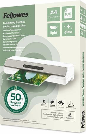 Laminovací fólie "Light", 80 mikronů, A4, lesklá, recyklovaný, 100 ks, FELLOWES 100142987