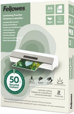 Laminovací fólie "Light", 80 mikronů, A6, matná, recyklovaný, 100 ks, FELLOWES 100143438
