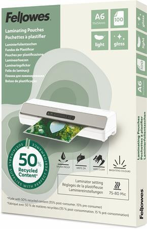Laminovací fólie "Light", 80 mikronů, A6, lesklá, recyklovaný, 100 ks, FELLOWES 100143441