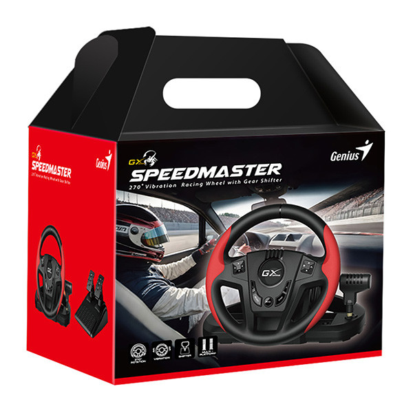 Volant Genius GX Gaming SpeedMaster, volant s pedály a řadící pákou, 13tl., USB, červeno-černý