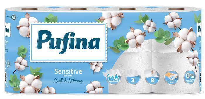 Toaletní papír "Sensitive Aquabond", bez parfemace, 3-vrstvý, 8 rolí, PUFINA PP20807