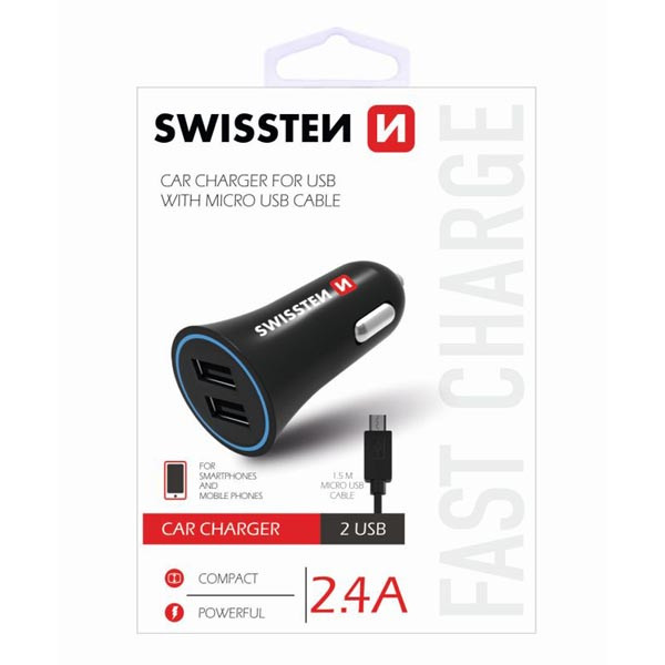 Adaptér do auta SWISSTEN 12W, 2 porty, USB-A, kabel microUSB
