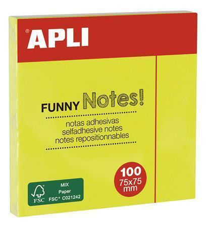 Samolepicí bloček "FUNNY", žlutá, 75 x 75 mm, 100 listů, APLI 11897