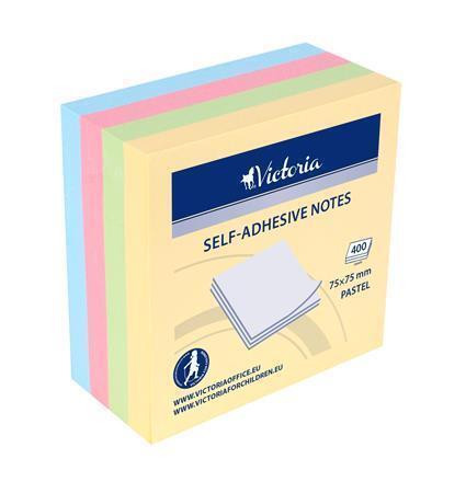 Samolepicí bloček, mix pastelových barev, 75 x 75 mm, 4x 100 listů, VICTORIA