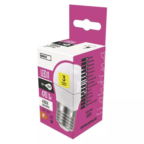 LED žárovka EMOS Lighting E27, 220-240V, 5W, 470lm, 4000k, neutrální bilá, 30000h, Mini Globe 45x74mm