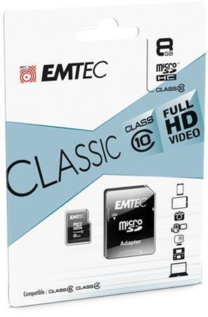 Paměťová karta "Classic", microSD, 8GB, 20/12 MB/s, adaptér, EMTEC ECMSDM8GHC10CG