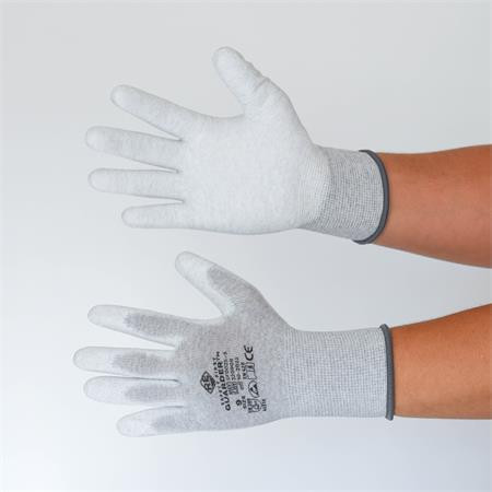 Montážní ESD rukavice, šedo-bílá, pletené, XL, z karbon-polyesteru, PU dlaň, 12 párů, SF0025-10