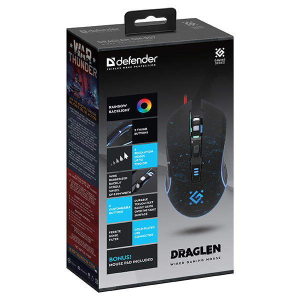 Defender DRAGLEN GM-907 Myš drátová, černá, 7200DPI