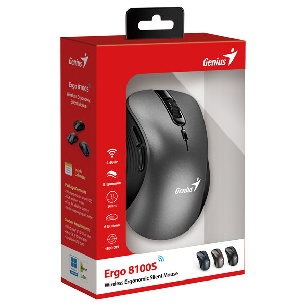 Genius Ergo 8100S Myš bezdrátová, kovově šedá, 1600DPI