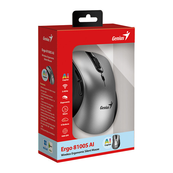 Genius Ergo 8100S AI Myš bezdrátová, stříbrno-černá, 1600DPI