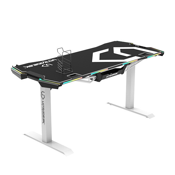 ULTRADESK Herní stůl FORCE SNOW - bílý, 166x70 cm, 66-86 cm, 5 úrovní výšky,s XXL podložkou pod myš, RGB podsvícení