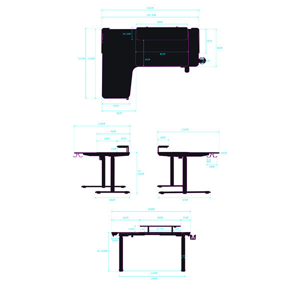 ULTRADESK Herní stůl WINGER - bílý, 111x155x60 cm, 75-122 cm, elektricky nastavitelná výška, RGB podsvícení, držák sluchátek i náp