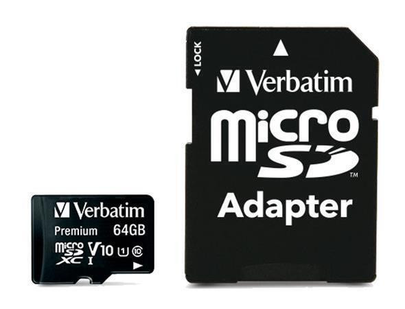 Paměťová karta "Premium", microSDXC, 64GB, CL10/U1, 70/10 MB/s, adaptér, VERBATIM