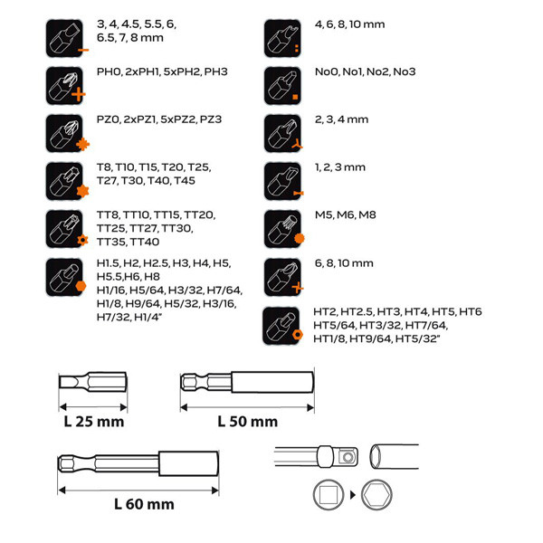 Sada speciálních bitů, 06-104, 100 ks, s držáky, NEO TOOLS
