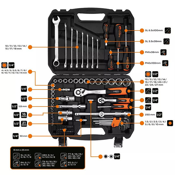 Sada nástrčných klíčů, 10-206, 100 ks, velikost 1/4 a 1/2, kufřík,, NEO TOOLS