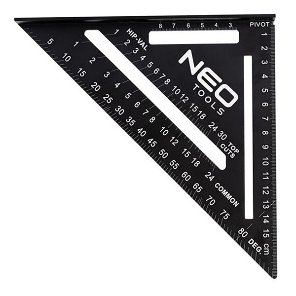 Tesařský úhelník z polyesteru, 72-102, 12l, speciální úhlová stupnice, Neo Tools