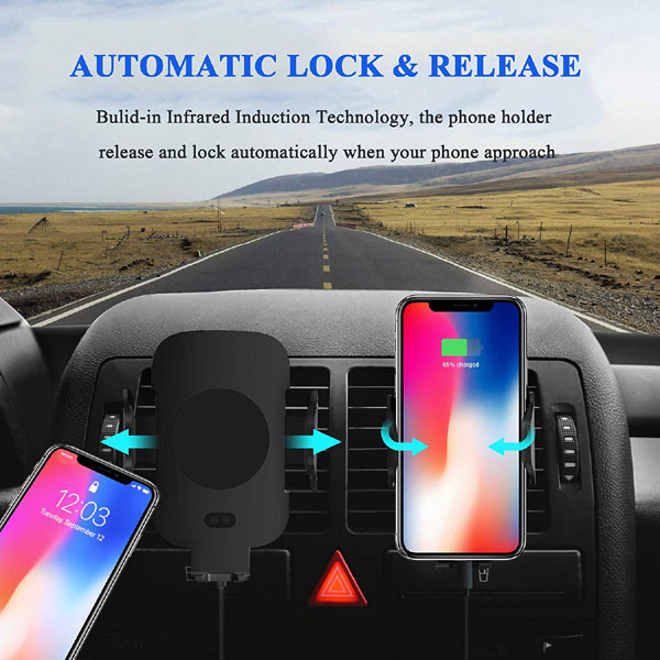 Držák mobilu do auta, s bezdrátovým nabíjením, motorické uchycení, senzor pohybu, Qi, černá
