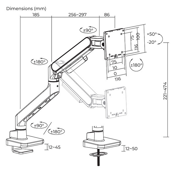 Powerton ERGO MONOA Polohovatelný držák pro monitor, bílý, 2-20KG, svorka, 17"- 49", 75x75/100x100