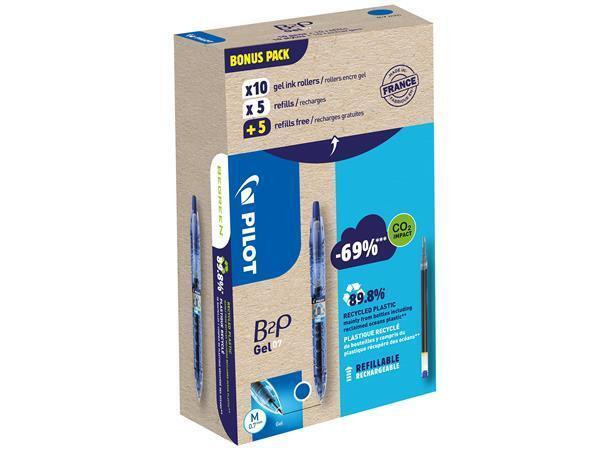 Gelové pero "B2P Greenpack", modrá + náplň, 0,32 mm, stiskací mech., PILOT BL-B2P-7-L+BLS-G2-7-L-S10