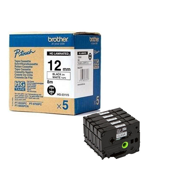 Brother originální páska do tiskárny štítků, Brother, HGE-131, černý tisk/průhledný podklad, 8m, 12mm, 5 ks v balení, cena za bale