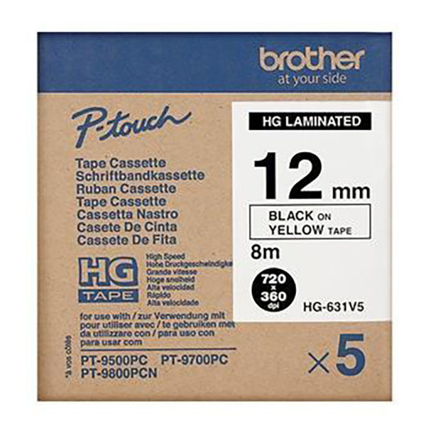 Brother originální páska do tiskárny štítků, Brother, HGE-631, černý tisk/žlutý podklad, 8m, 12mm, 5 ks v balení, cena za balení