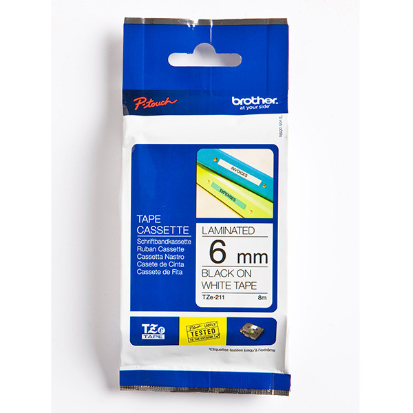 Brother originální páska do tiskárny štítků, Brother, TZE-211, černý tisk/bílý podklad, laminovaná, 8m, 6mm