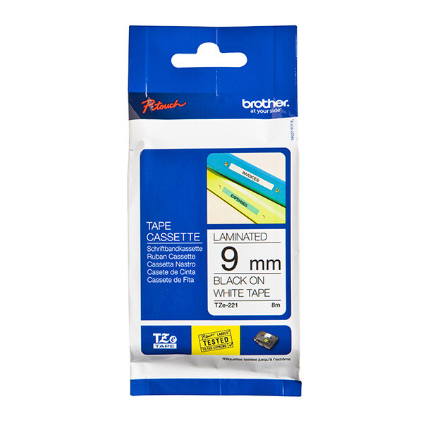 Brother originální páska do tiskárny štítků, Brother, TZE-221, černý tisk/bílý podklad, laminovaná, 8m, 9mm