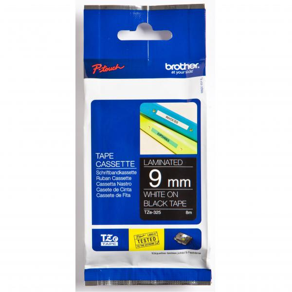 Brother originální páska do tiskárny štítků, Brother, TZE-325, bílý tisk/černý podklad, laminovaná, 8m, 9mm