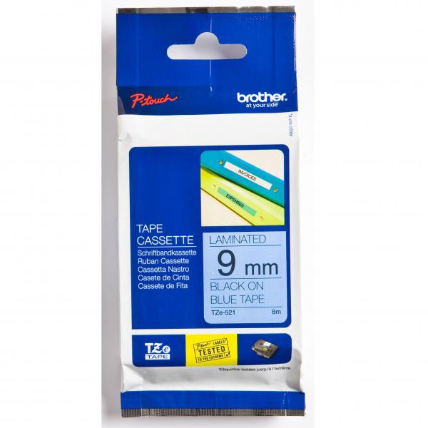 Brother originální páska do tiskárny štítků, Brother, TZE-521, černý tisk/modrý podklad, laminovaná, 8m, 9mm