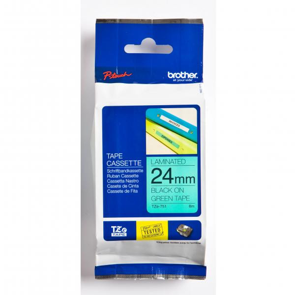Brother originální páska do tiskárny štítků, Brother, TZE-751, černý tisk/zelený podklad, laminovaná, 8m, 24mm